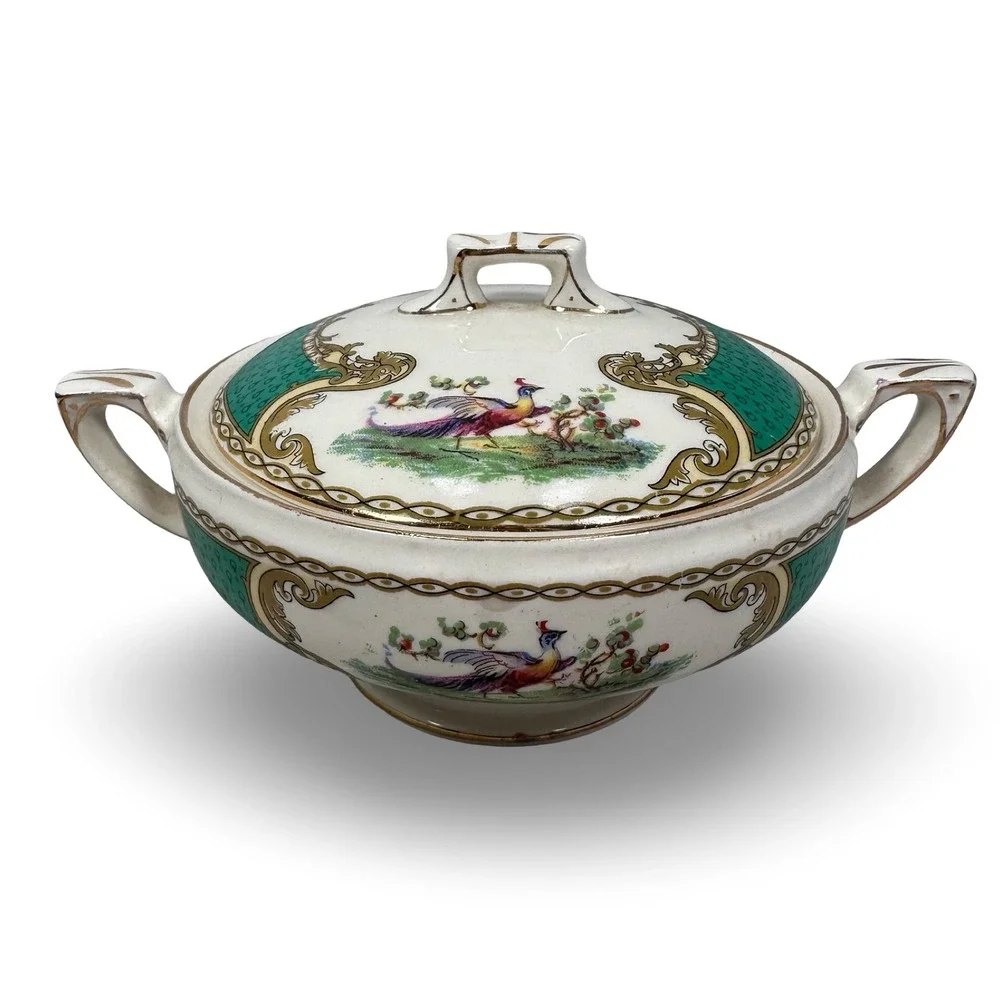 Myott‎ Royal Crown Staffordshire England Chelsea Bird Green Covered Sugar Bowl
